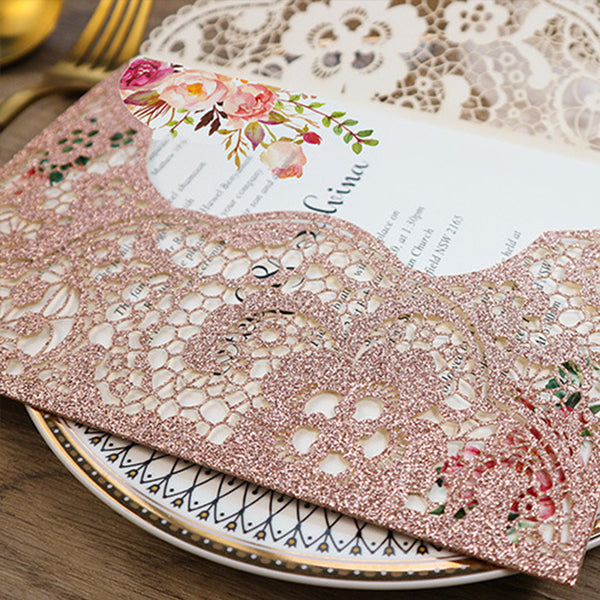 Delicate Rose Gold Glittery Pocket Laser Cut Wedding Invitations with Carved Pattern Lcz042 (4)