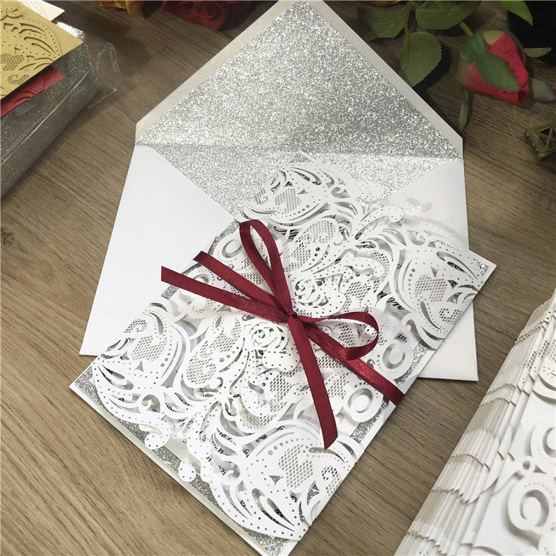 Delicate Silver Fold Laser Cut Wedding Invitations with Glittery Paper Bottom and Burgundy Ribbon Lcz055 (1)