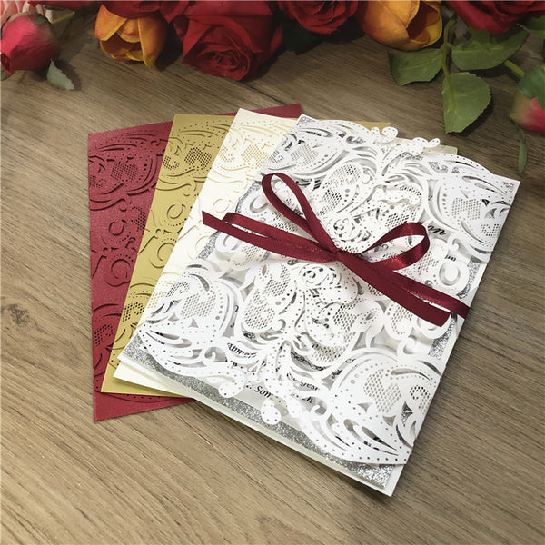 Delicate Silver Fold Laser Cut Wedding Invitations with Glittery Paper Bottom and Burgundy Ribbon Lcz055 (2)