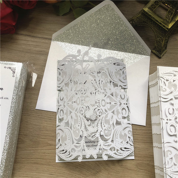 Delicate Silver Fold Laser Cut Wedding Invitations with Glittery Paper Bottom and Burgundy Ribbon Lcz055 (3)