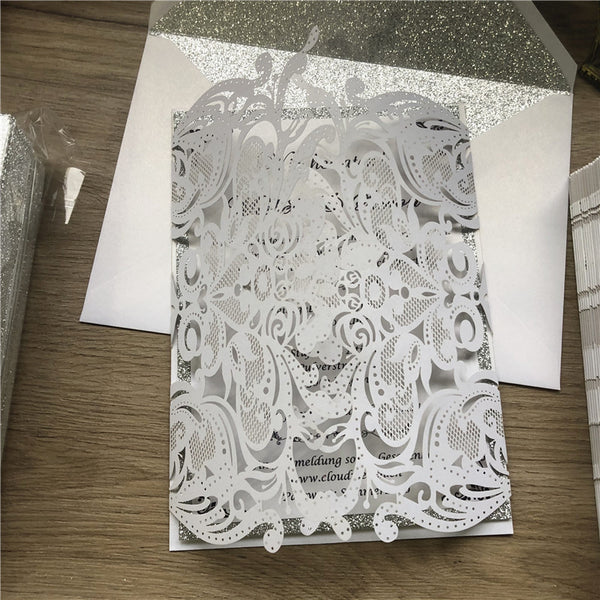 Delicate Silver Fold Laser Cut Wedding Invitations with Glittery Paper Bottom and Burgundy Ribbon Lcz055 (4)