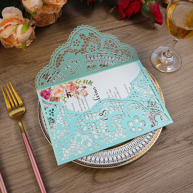 Delicate Tiffany Blue Pocket Laser Cut Wedding Invitations with Carved Pattern Lcz043 (1)