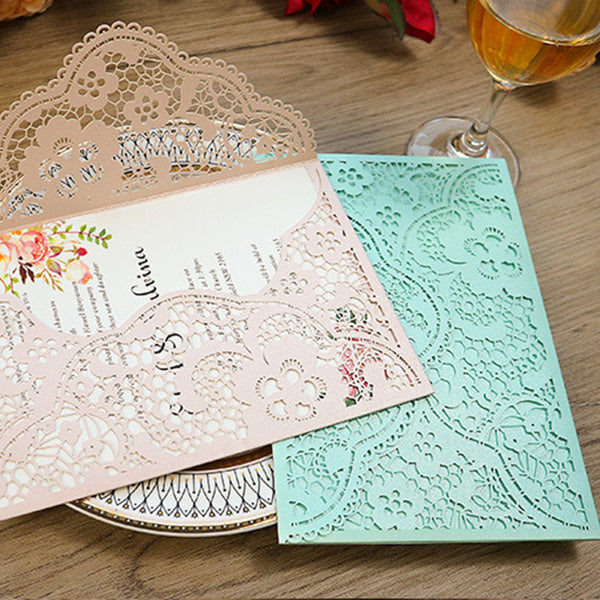 Delicate Tiffany Blue Pocket Laser Cut Wedding Invitations with Carved Pattern Lcz043 (2)