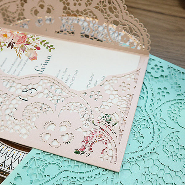 Delicate Tiffany Blue Pocket Laser Cut Wedding Invitations with Carved Pattern Lcz043 (3)
