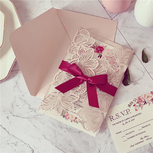 Elegant Chic Blush Pink Laser Cut Wedding Invitations with Floral Designs and Burgundy Ribbon Lcz070 (1)