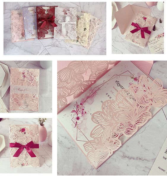 Elegant Chic Blush Pink Laser Cut Wedding Invitations with Floral Designs and Burgundy Ribbon Lcz070 (2)