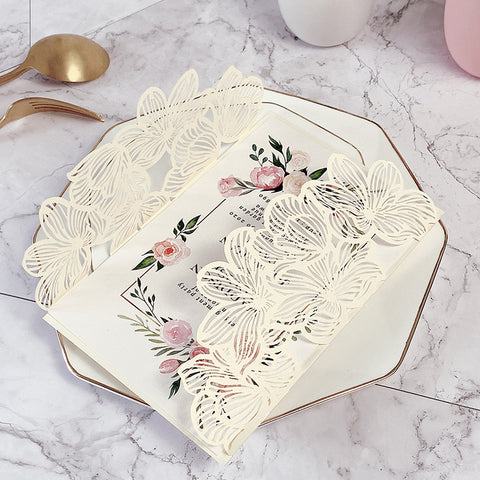 Elegant Chic Ivory Laser Cut Wedding Invitations with Floral Designs and Ribbon Lcz072 (1)