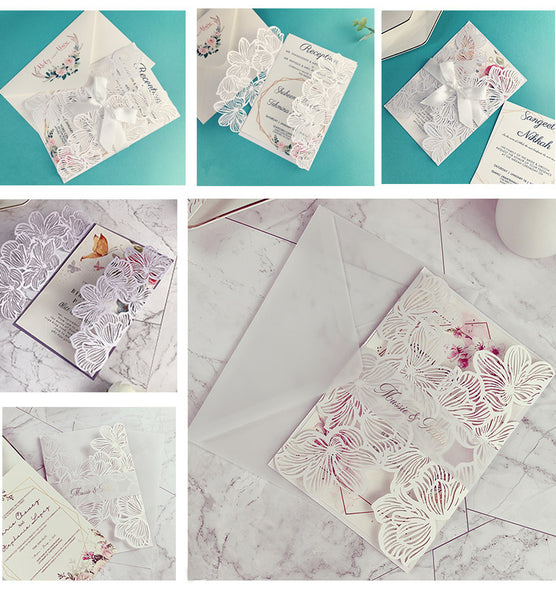 Elegant Chic Ivory Laser Cut Wedding Invitations with Floral Designs and Ribbon Lcz072 (3)