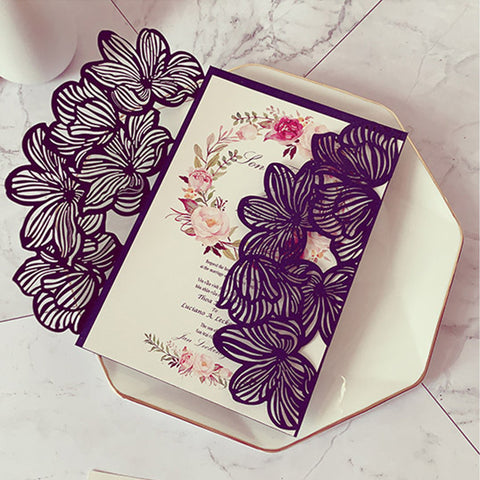 Elegant Chic Navy Laser Cut Wedding Invitations with Floral Designs and Ribbon Lcz073 (1)