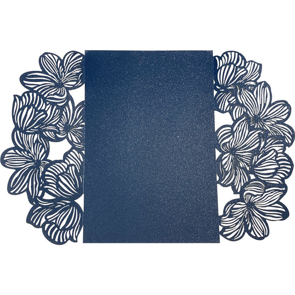 Elegant Chic Navy Laser Cut Wedding Invitations with Floral Designs and Ribbon Lcz073 (3)