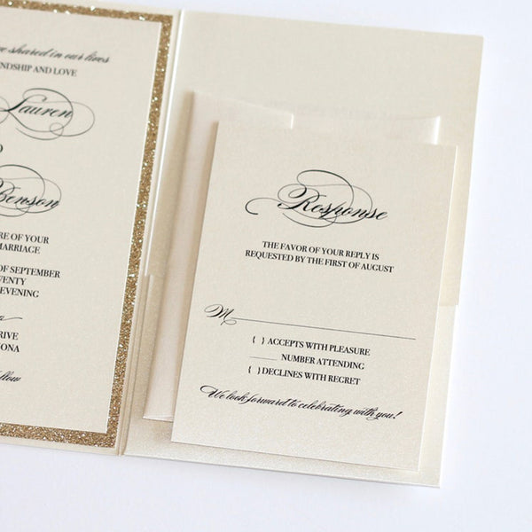 Elegant Gold Pocket Wedding Invitations with Glitter Design (1)