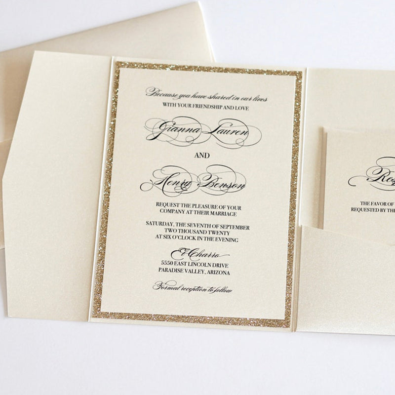 Elegant Gold Pocket Wedding Invitations with Glitter Design (2)