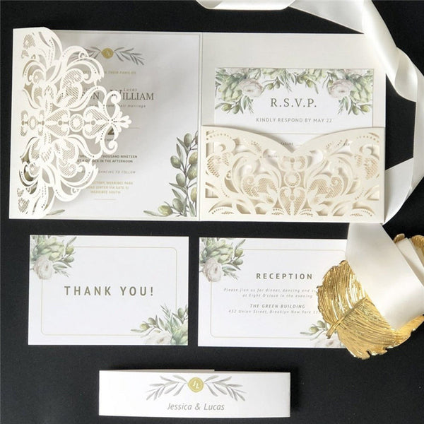 Elegant Ivory Pocket Laser Cut Wedding Invitations with Greenery Design and Matching Belly Band Lcz066 (1)