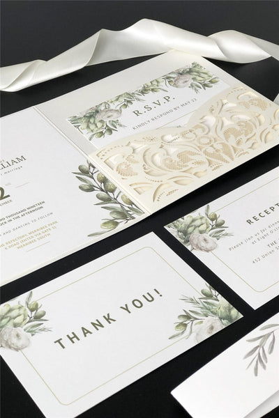 Elegant Ivory Pocket Laser Cut Wedding Invitations with Greenery Design and Matching Belly Band Lcz066 (2)