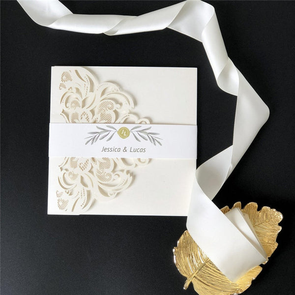 Elegant Ivory Pocket Laser Cut Wedding Invitations with Greenery Design and Matching Belly Band Lcz066 (3)
