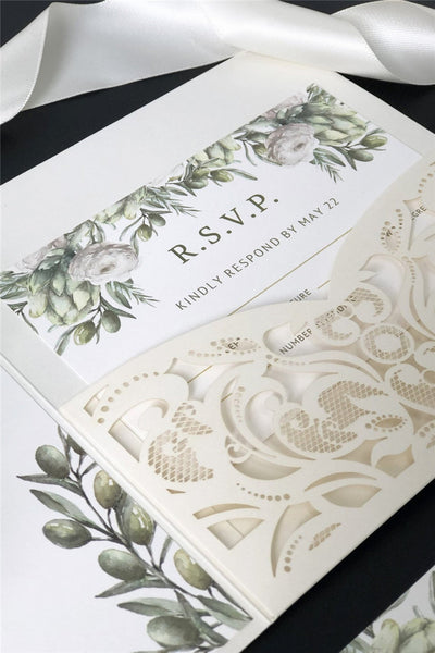 Elegant Ivory Pocket Laser Cut Wedding Invitations with Greenery Design and Matching Belly Band Lcz066 (4)