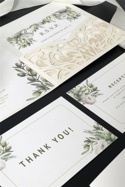 Elegant Ivory Pocket Laser Cut Wedding Invitations with Greenery Design and Matching Belly Band Lcz066 (5)