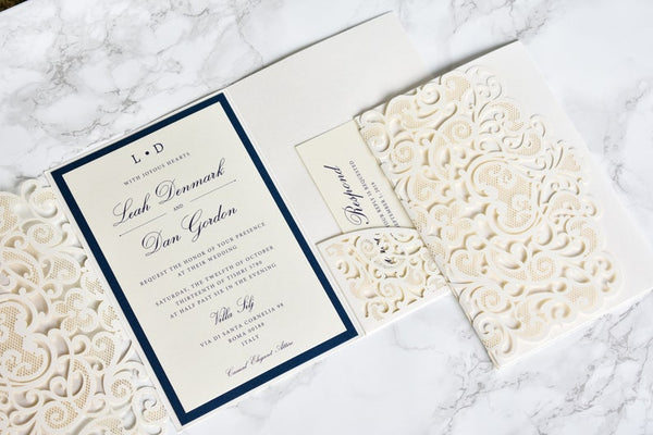 Elegant Ivory and Navy Blue Foil Laser Cut Wedding Invitation (2)