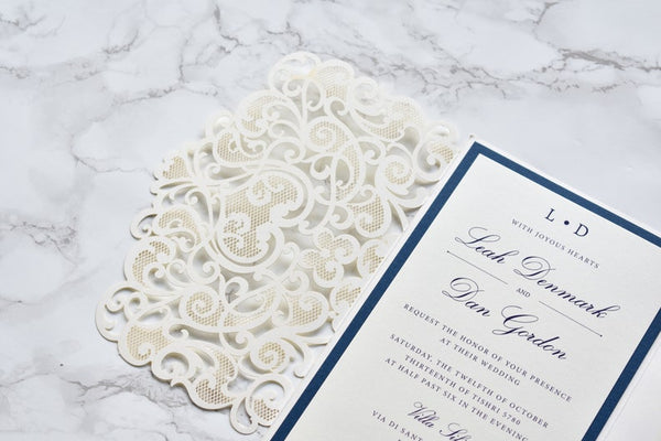 Elegant Ivory and Navy Blue Foil Laser Cut Wedding Invitation (3)
