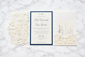 Elegant Ivory and Navy Blue Foil Laser Cut Wedding Invitation