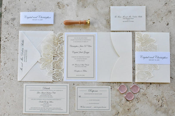 Elegant Ivory and White Laser cut Wedding Invitation with Floral Design (1)