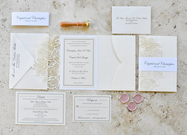 Elegant Ivory and White Laser cut Wedding Invitation with Floral Design (2)