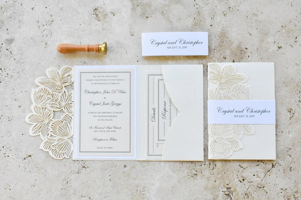 Elegant Ivory and White Laser cut Wedding Invitation with Floral Design (3)