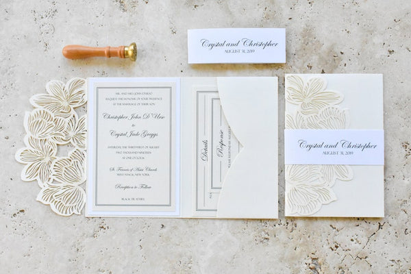 Elegant Ivory and White Laser cut Wedding Invitation with Floral Design (6)