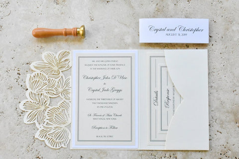 Elegant Ivory and White Laser cut Wedding Invitation with Floral Design