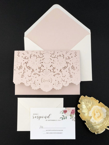 Elegant Pink Wedding Invitations with Laser Cut Pockets (1)