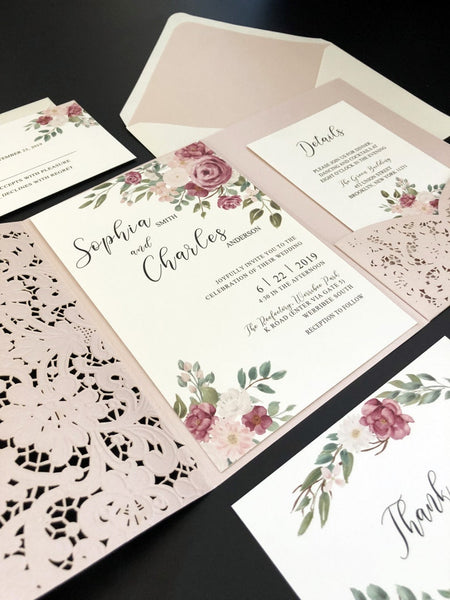 Elegant Pink Wedding Invitations with Laser Cut Pockets (2)