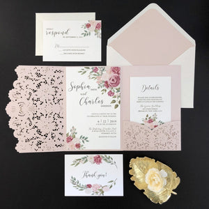Elegant Pink Wedding Invitations with Laser Cut Pockets