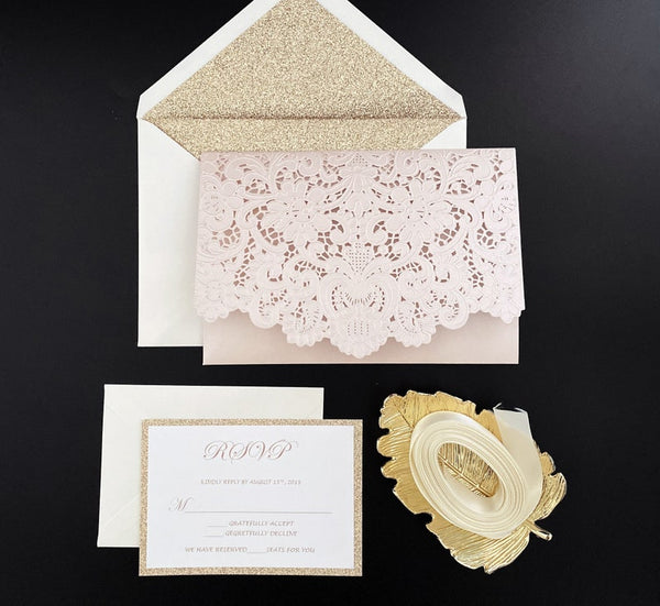 Elegant Pink and Gold Wedding Invitations with gold backer (1)