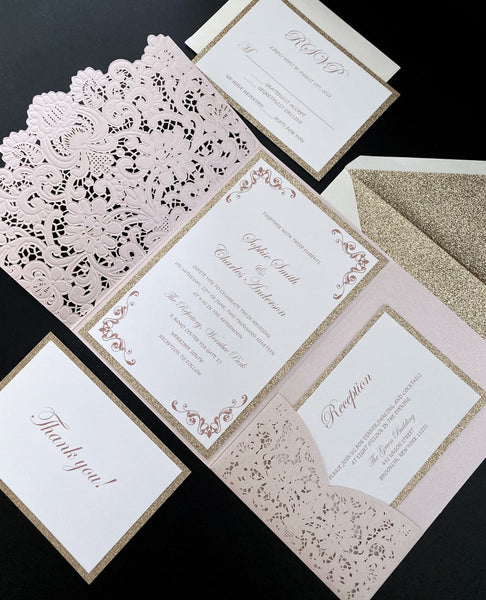 Elegant Pink and Gold Wedding Invitations with gold backer (3)