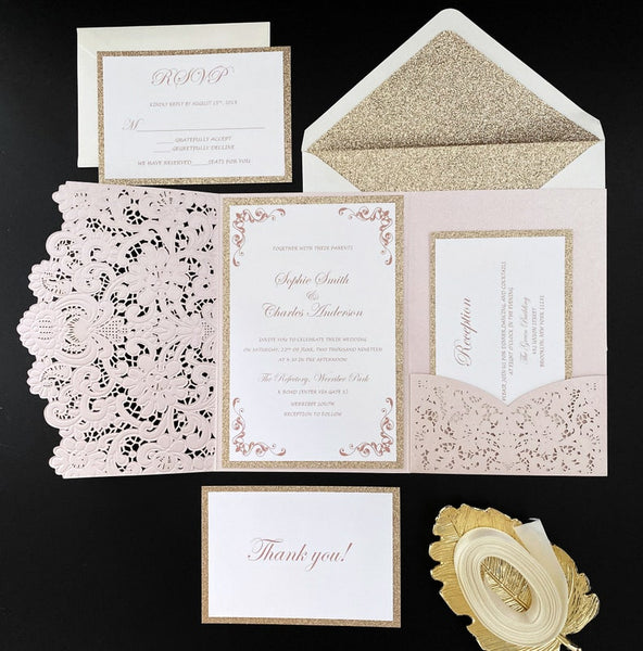 Elegant Pink and Gold Wedding Invitations with gold backer