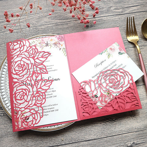 Elegant Red Rose Designed Laser Cut Wedding Invitations with Pocket lcz025 (1)