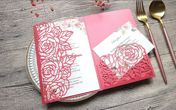 Elegant Red Rose Designed Laser Cut Wedding Invitations with Pocket lcz025 (3)