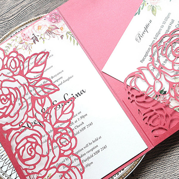 Elegant Red Rose Designed Laser Cut Wedding Invitations with Pocket lcz025 (4)
