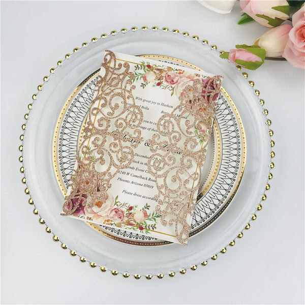 Elegant Rose Gold Glittery Laser Cut Wedding Invitations with Belly Band Lcz075 (1)