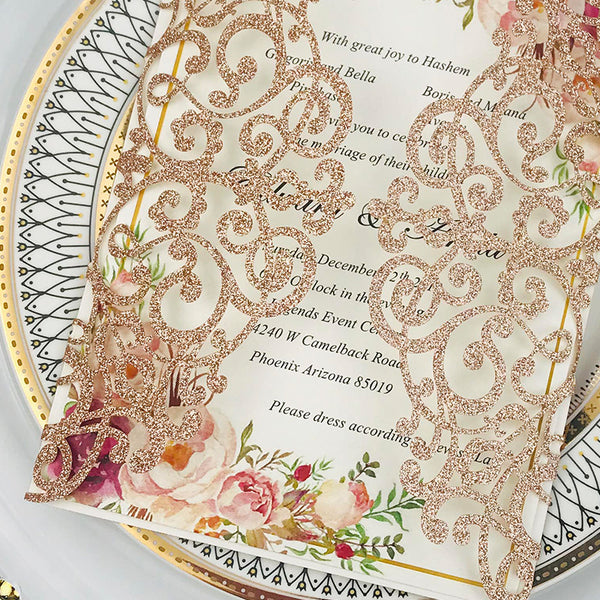 Elegant Rose Gold Glittery Laser Cut Wedding Invitations with Belly Band Lcz075 (2)