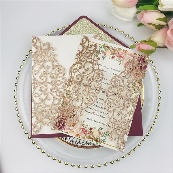 Elegant Rose Gold Glittery Laser Cut Wedding Invitations with Belly Band Lcz075 (3)