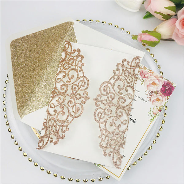 Elegant Rose Gold Glittery Laser Cut Wedding Invitations with Belly Band Lcz075 (4)
