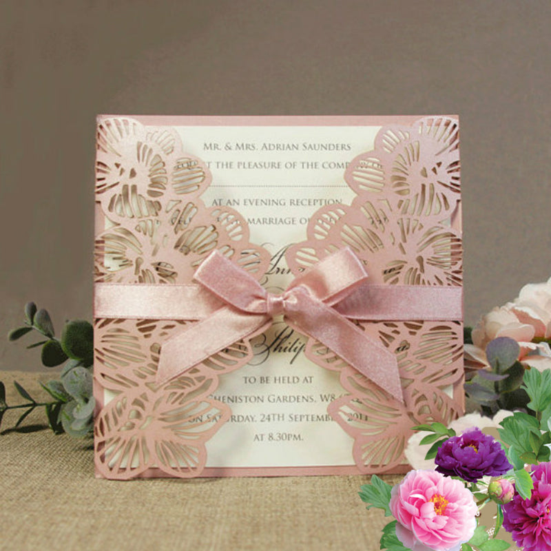 Elegant Square Pink Laser Cut Wedding Invitations with Matching Ribbons and Ivory Inner Card Lcz036