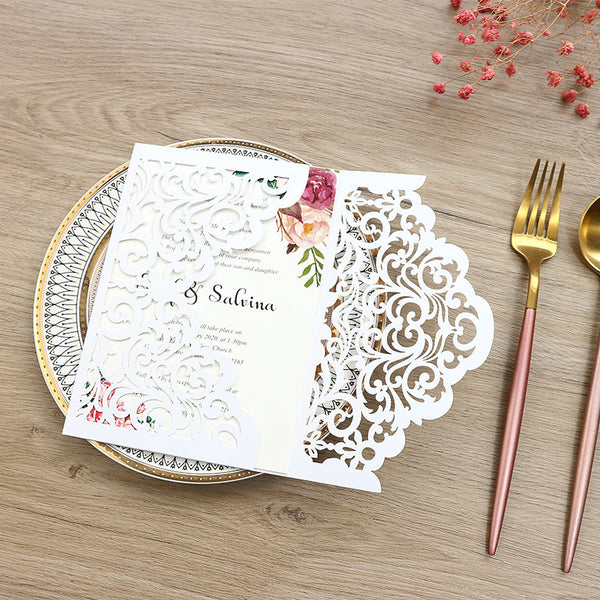 Elegant White Laser Cut Wedding Invitations with Pocket and Floral Inner Cards Lcz054 (1)