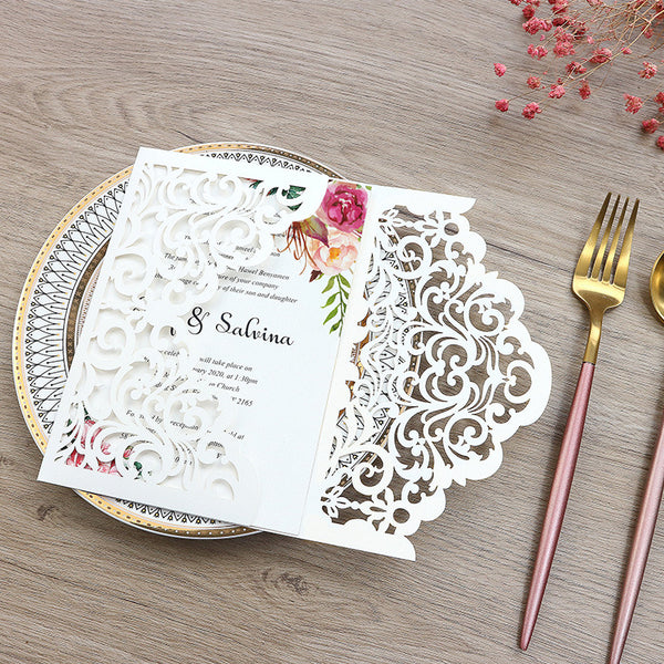 Elegant White Laser Cut Wedding Invitations with Pocket and Floral Inner Cards Lcz054 (2)