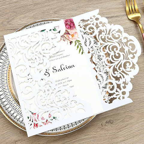 Elegant White Laser Cut Wedding Invitations with Pocket and Floral Inner Cards Lcz054 (3)