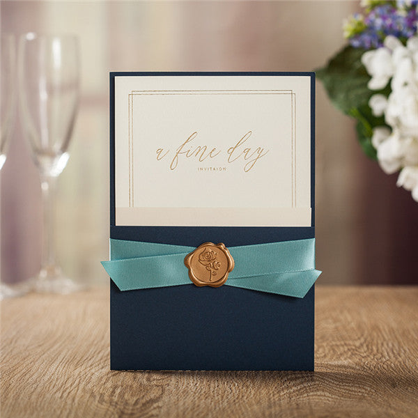 Elegant and stylish blue pocket wedding invitations with luxury seal LC071 (1)