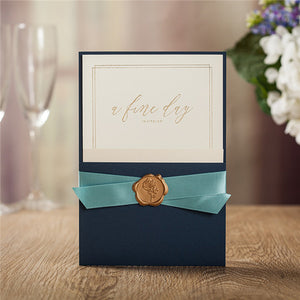Elegant and stylish blue pocket wedding invitations with luxury seal LC071 (1)
