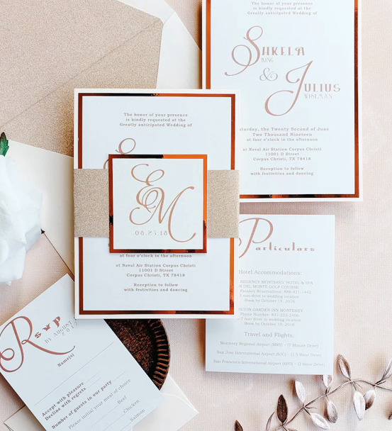 Elegant blush Wedding Invitations with Foil and Belly Band LCZ166