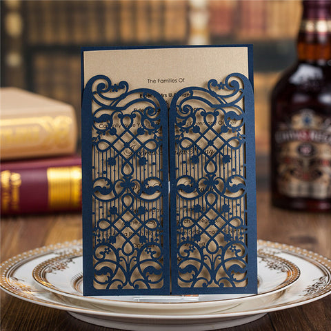 Elegant navy blue laser cut wedding invitations with equisite engraving LC010_1